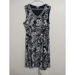 JM Collection Womens Plus Size 2X Sleeveless Blue Floral Vneck Beaded Dress
